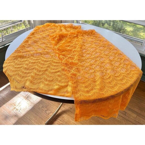 Vintage 70s curtains, sunny orange, groovy pattern mesh, rod header, pair - Picture 4 of 9